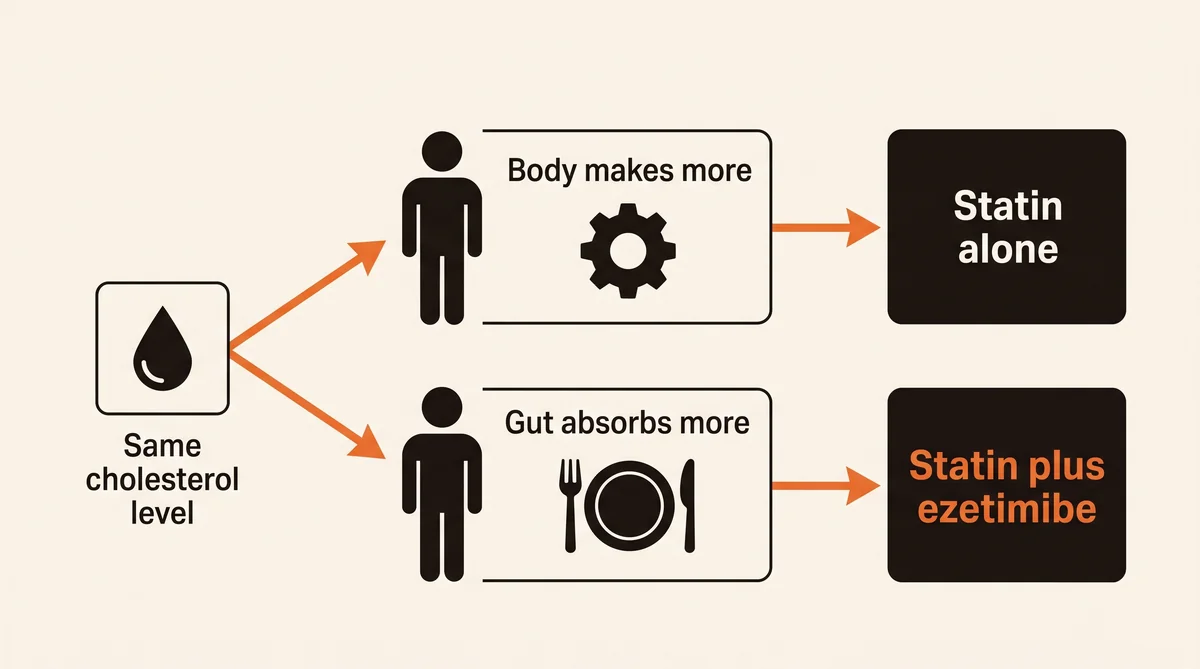 The same cholesterol level reached two ways: the body making more, which points to a statin alone, or the gut absorbing more, which points to a statin plus ezetimibe.