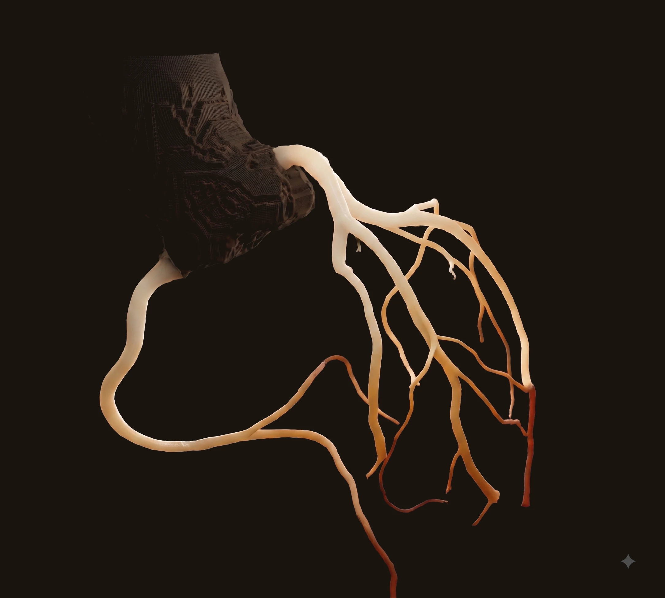 An illustrated reconstruction of the coronary arteries — the branching tree of vessels that supplies the heart muscle, shown against a dark background, with the main branches dividing repeatedly into progressively finer ones.