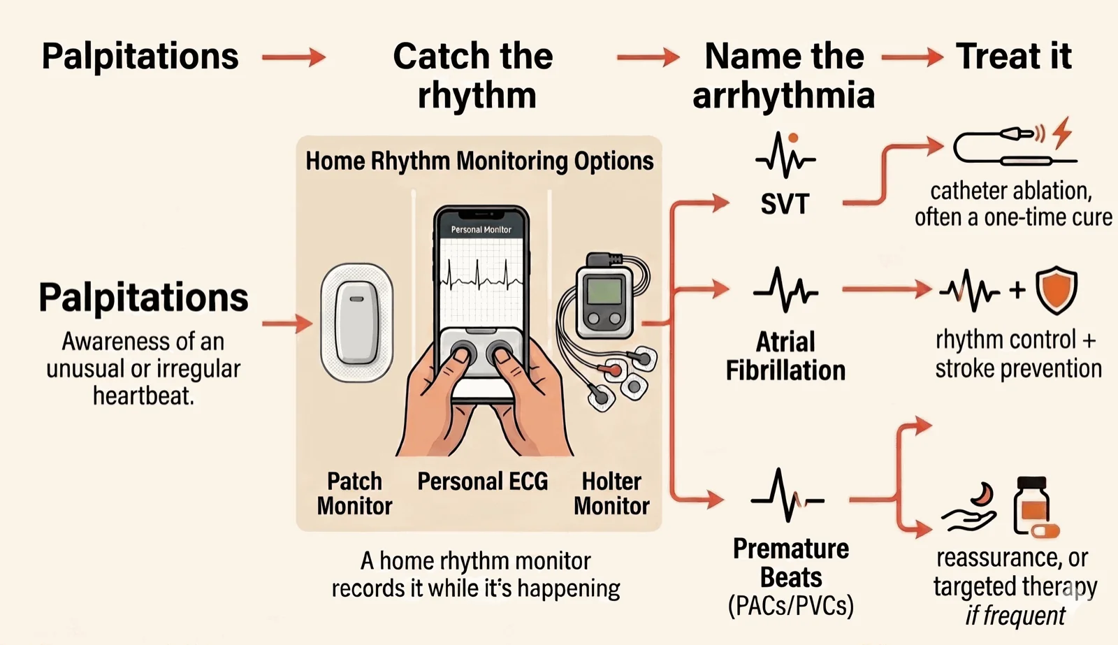 The palpitations diagnostic journey. Palpitations (awareness of an unusual or irregular heartbeat), then catch the rhythm on a home monitor — a patch monitor, a personal 6-lead ECG, or a Holter monitor — that records it while it's happening; then name the arrhythmia (SVT, atrial fibrillation, or premature beats / PACs and PVCs); then treat it — SVT with catheter ablation, often a one-time cure; atrial fibrillation with rhythm control and stroke prevention; premature beats with reassurance or targeted therapy if frequent.
