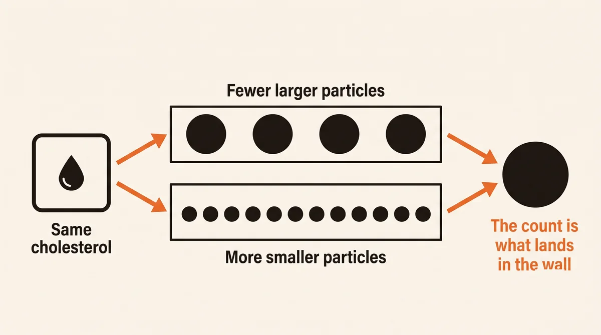The same amount of cholesterol carried either by a few large particles or by many small ones, with the particle count being what enters the artery wall.