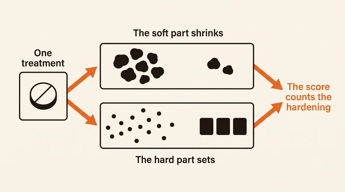 One treatment producing two opposite changes in a plaque: the soft part shrinking away while the hard part consolidates into denser blocks, with the calcium score counting only the hardening.