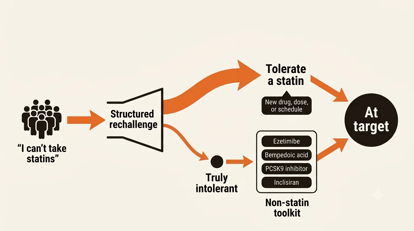 A sorting flow: patients who report statin intolerance pass through a structured rechallenge; most end up tolerating a statin at a new drug, dose, or schedule, a few are truly intolerant and use the non-statin toolkit (ezetimibe, bempedoic acid, PCSK9 inhibitor, inclisiran), and both paths converge on reaching LDL target.